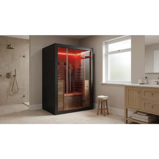 Hekla IR 130 Infrarotsauna 130x120 für 2 Personen mit rotem Licht im modernen Badezimmer