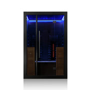Hekla IR 130 Infrarotsauna 130x120 für 2 Personen mit Glastüren, blauer LED-Beleuchtung und Holzbanksitzen
