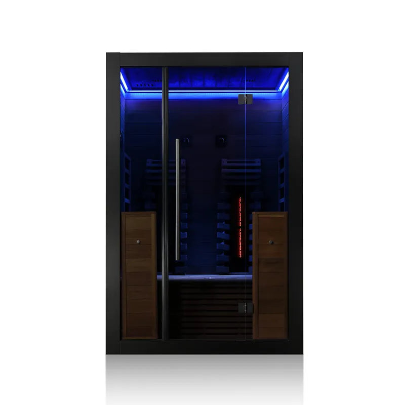 Hekla IR 130 Infrarotsauna 130x120 für 2 Personen mit Glastüren, blauer LED-Beleuchtung und Holzbanksitzen