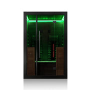 Hekla IR 130 Infrarotsauna 130x120 mit grüner Beleuchtung, Glastüren und Holzbanksystem für 2 Personen