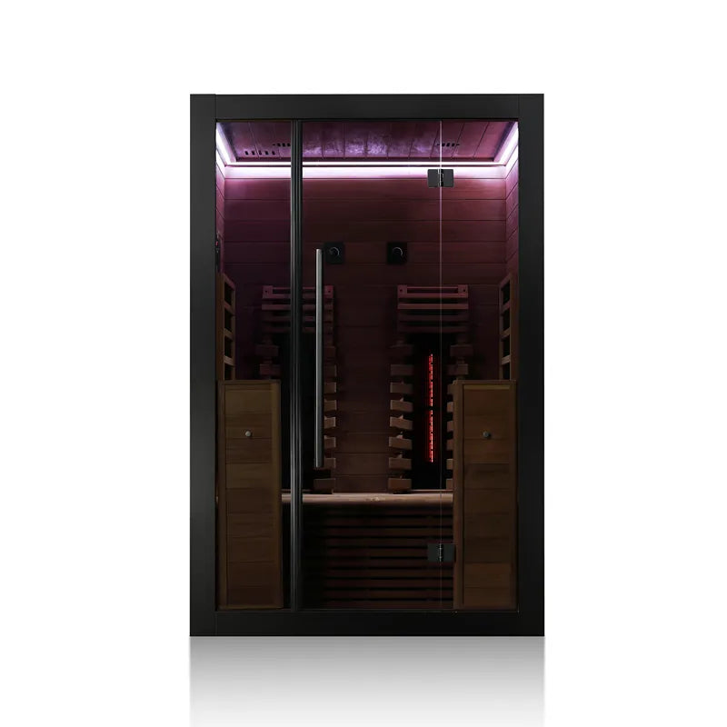 Hekla IR 130 Infrarotsauna 130x120 für 2 Personen mit schwarzem Rahmen, bordeauxroten Innenwänden und Holzbänken