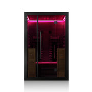 Hekla IR 130 Infrarotsauna 130x120 für 2 Personen mit schwarzem Rahmen, pinker LED-Beleuchtung und Holzliegen