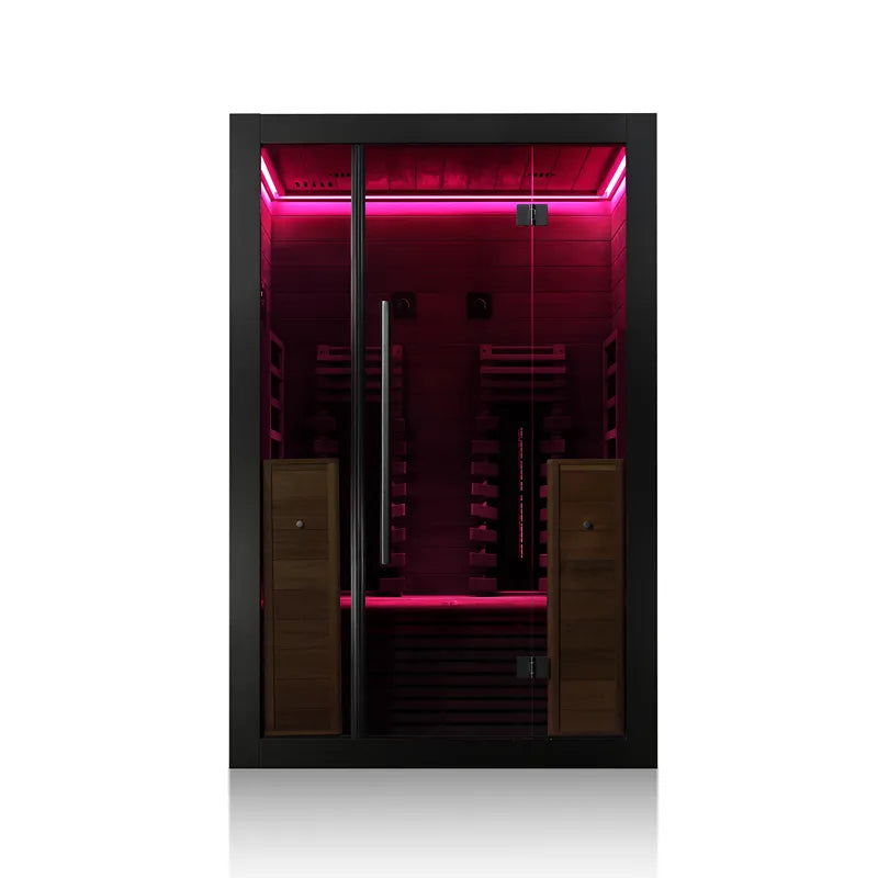 Hekla IR 130 Infrarotsauna 130x120 für 2 Personen mit schwarzem Rahmen, pinker LED-Beleuchtung und Holzliegen