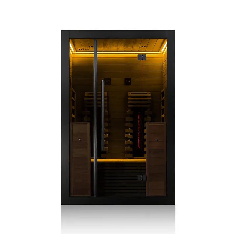 Hekla IR 130 Infrarotsauna 130x120 für 2 Personen mit schwarzem Rahmen, goldener LED-Beleuchtung und Glastüren