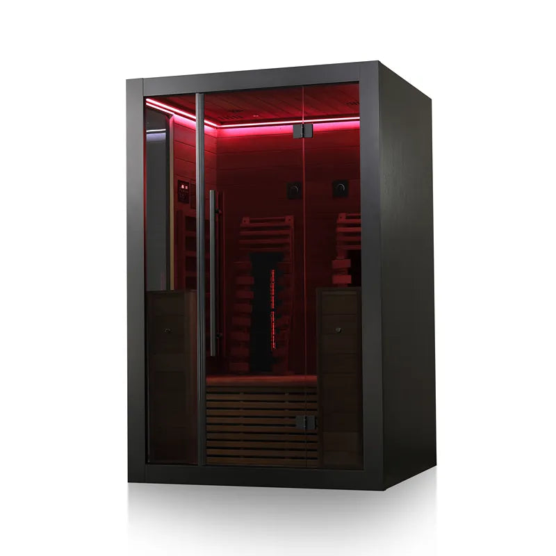 Hekla IR 130 Infrarotsauna 130x120 für 2 Personen mit schwarzem Rahmen und roter LED-Beleuchtung