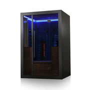 Hekla IR 130 Infrarotsauna 130x120 für 2 Personen mit schwarzem Rahmen, blauer LED-Beleuchtung und Glastüren