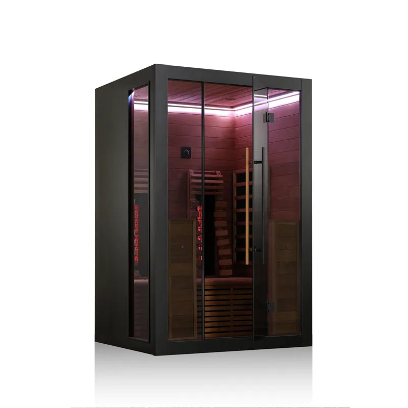 Hekla IR 130 Infrarotsauna 130x120 für 2 Personen mit schwarzem Rahmen, rötlich illuminiertem Innenraum und Holzbänken