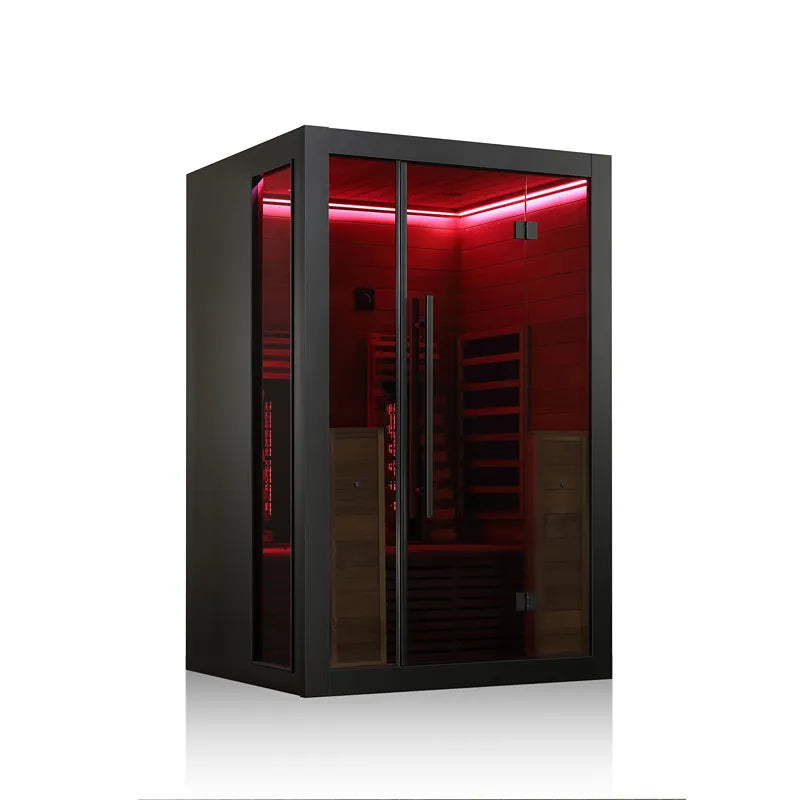 Hekla IR 130 Infrarotsauna 130x120 für 2 Personen mit schwarzem Rahmen und roter LED-Beleuchtung