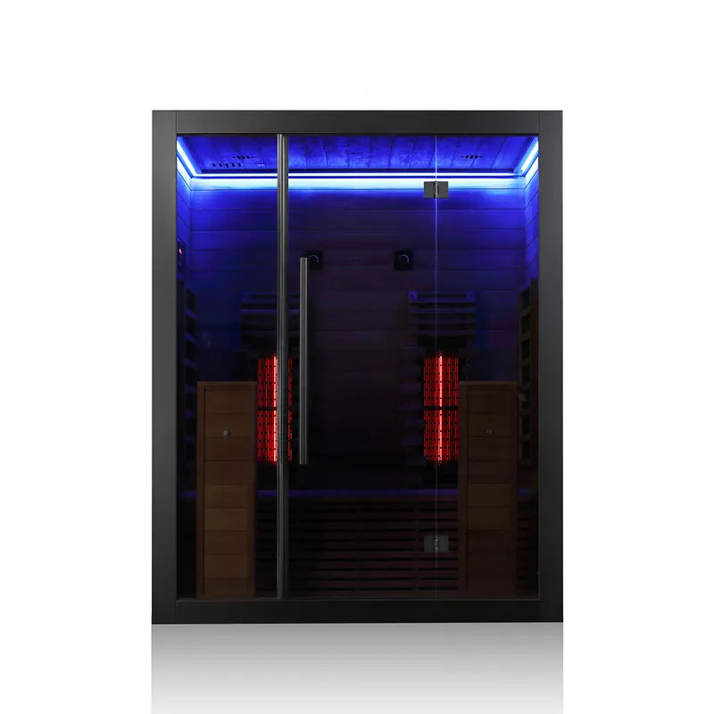 Hekla IR 160 Infrarotsauna 160x120 mit Glastür, blauer LED-Beleuchtung und roten Infrarotheizelementen für 2 Personen