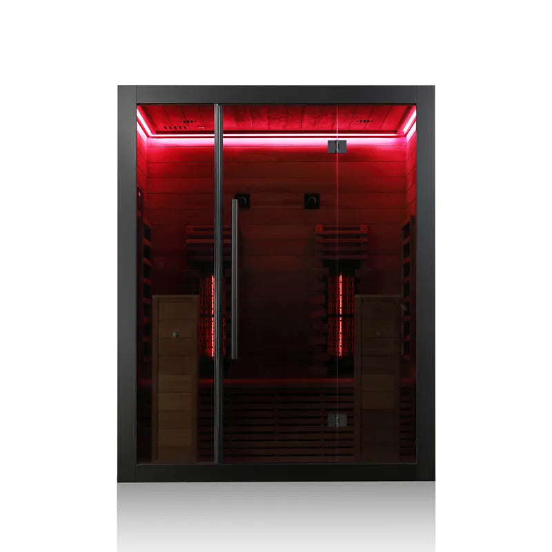 Hekla IR 160 Infrarotsauna 160x120 mit roter LED-Beleuchtung und Glastür für 2 Personen