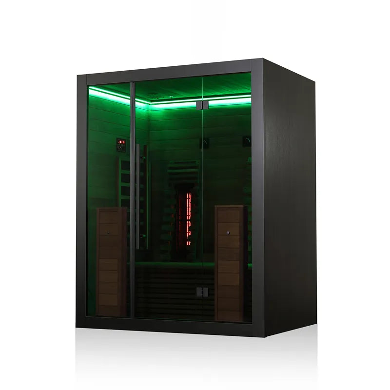 Hekla IR 160 Infrarotsauna 160x120 mit grüner LED-Beleuchtung, schwarzem Rahmen und Glastüren für 2 Personen