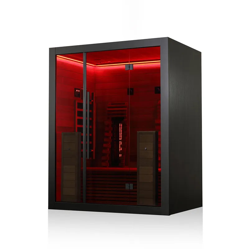 Hekla IR 160 Infrarotsauna 160x120 für 2 Personen mit roter LED-Beleuchtung und schwarzem Rahmen