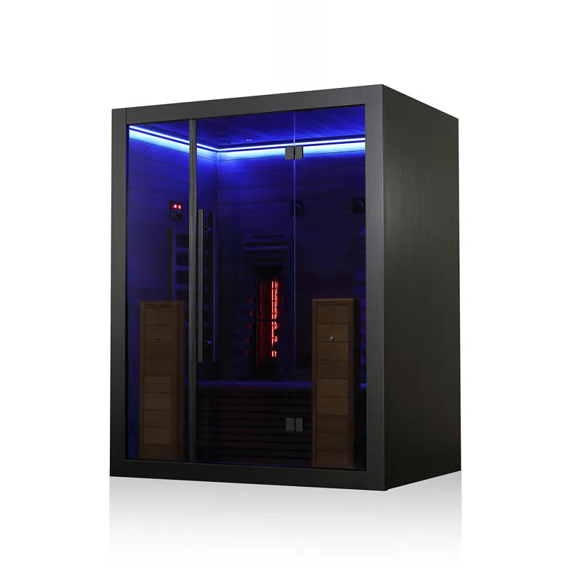 Hekla IR 160 Infrarotsauna 160x120 mit schwarzem Rahmen, blauer LED-Beleuchtung und roten Infrarotheizelementen für 2 Personen