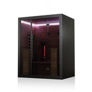 Hekla IR 160 Infrarotsauna 160x120 für 2 Personen mit schwarzem Rahmen, dunkelroten Wänden und aktivierter Infrarotheizung