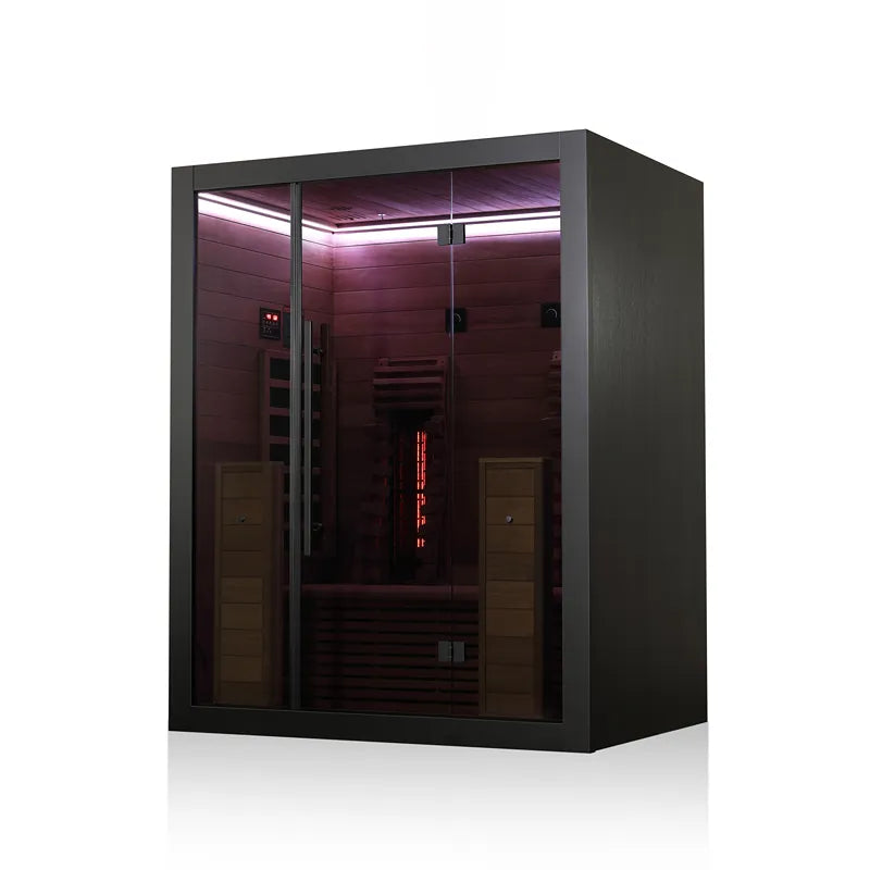 Hekla IR 160 Infrarotsauna 160x120 für 2 Personen mit schwarzem Rahmen, dunkelroten Wänden und aktivierter Infrarotheizung