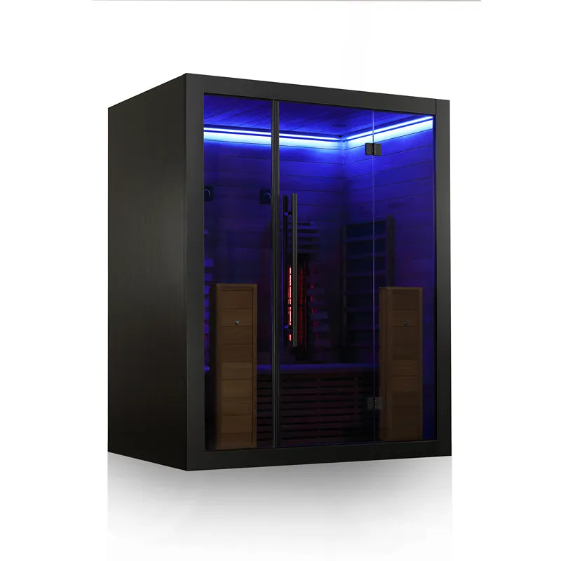 Hekla IR 160 Infrarotsauna 160x120 für 2 Personen mit schwarzem Rahmen und blauer LED-Beleuchtung