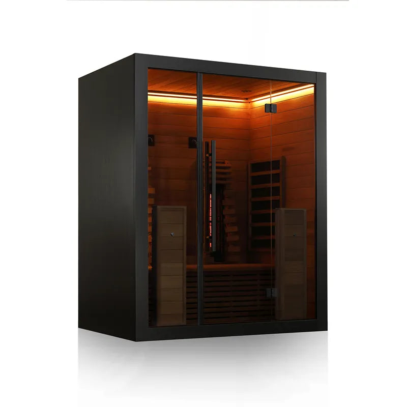 Hekla IR 160 Infrarotsauna 160x120 für 2 Personen mit schwarzem Rahmen und Glastüren, Infrarotkabine mit warmem Innenlichт
