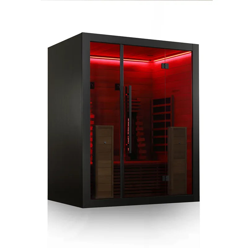 Hekla IR 160 Infrarotsauna 160x120 für 2 Personen mit schwarzem Rahmen und roter Beleuchtung