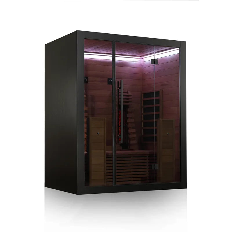 Hekla IR 160 Infrarotsauna 160x120 für 2 Personen mit schwarzem Rahmen, Glastüren und LED-Beleuchtung