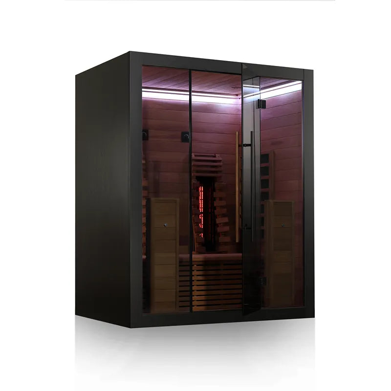 Hekla IR 160 Infrarotsauna 160x120 für 2 Personen mit schwarzem Rahmen und rotem Infrarotstrahler-Interieur