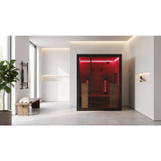 Hekla IR 160 Infrarotsauna 160x120 mit rotem Glaselement in modernem Wellness-Badezimmer