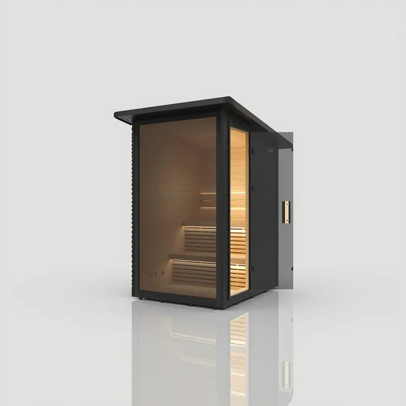 Hekla Mini-Sauna-Kabine Gartensauna für 2-4 Personen mit schwarzem Rahmen, Glastür und Holzbänken