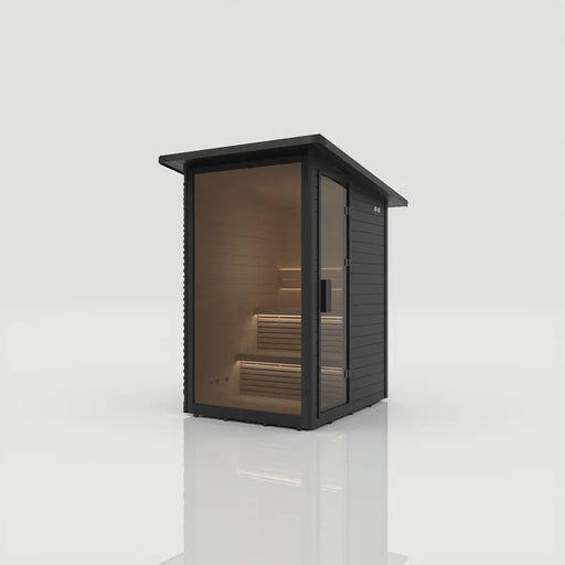 Hekla Mini-Sauna-Kabine Gartensauna für 2-4 Personen mit schwarzem Außengehäuse und Holzinnenausstattung