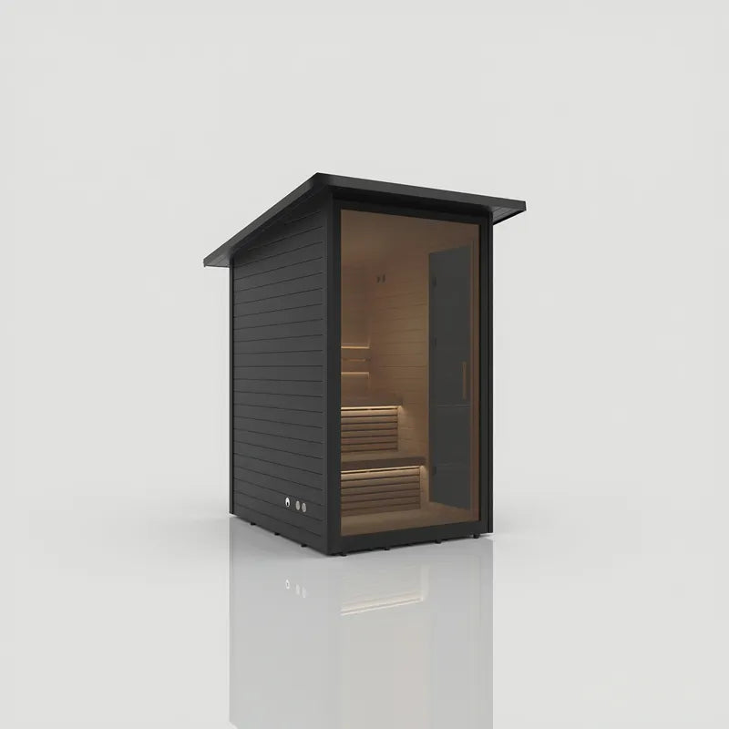 Hekla Mini-Sauna-Kabine Gartensauna für 2-4 Personen mit schwarzem Außengehäuse und Holzinnenausstattung