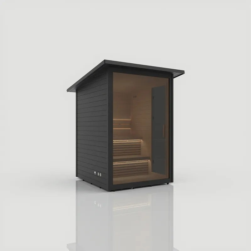 Hekla Saunahütte – Gartensauna für 4-6 Personen mit schwarzer Holzfassade und großem Glaseinsatz, Innenbereich mit Holzbänken sichtbar