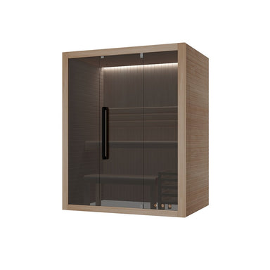 Freigestellte Abbildung der Hekla Traditional 160 Sauna mit heller Holzverkleidung und Glasfront