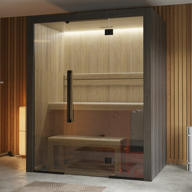 Frontalansicht – Hekla Traditional 160 Innensauna mit doppelter Bank und Glaselementen