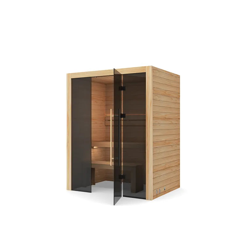 Hekla Traditional 160 Innensauna mit Holzrahmen, schwarzen Glastüren und Holzinterieur für 2 Personen