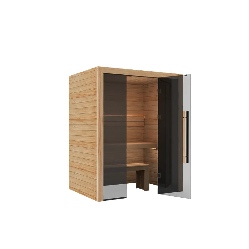 Hekla Traditional 160 Innensauna 160x120 für 2 Personen mit Holzverkleidung, offener Tür und Innenausstattung