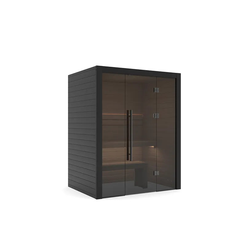Hekla Traditional 160 Innensauna 160x120 für 2 Personen mit schwarzem Rahmen und getönten Glastüren