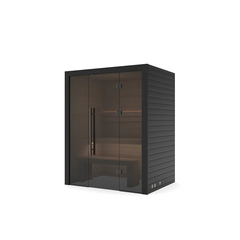 Hekla Traditional 160 Innensauna 160x120 für 2 Personen mit schwarzem Rahmen und getönten Glastüren