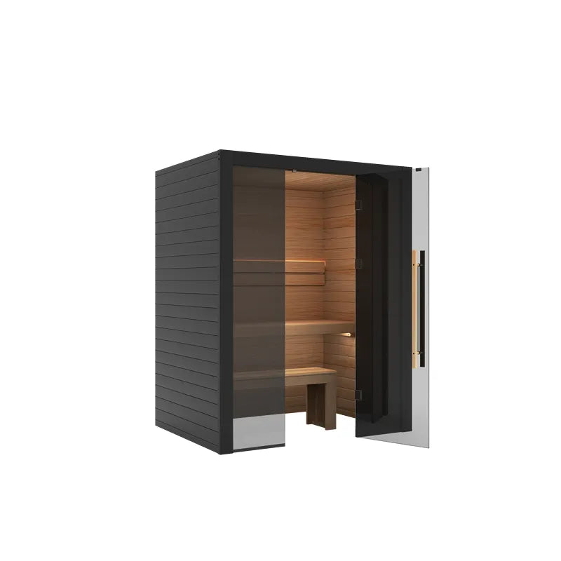 Hekla Traditional 160 Innensauna 160x120 für 2 Personen mit schwarzem Holzrahmen und Glastür