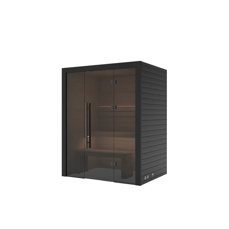 Hekla Traditional 160 Innensauna 160x120 für 2 Personen mit schwarzem Rahmen und getönten Glastüren