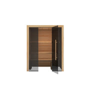 Hekla Traditional 160 Innensauna mit Thermoesche, 2-3 Personen, Frontansicht mit offener Glastür und Holzbänken