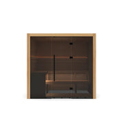 Hekla Traditional 210 Innensauna mit Holzrahmen, dunkler Glasfront und Infrarotheizstab für 4 Personen