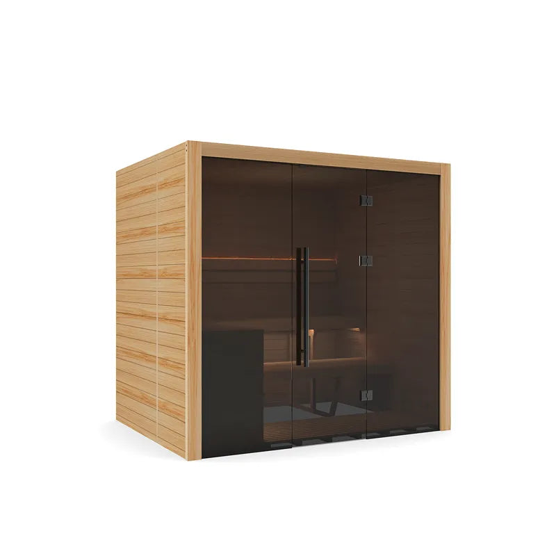 Hekla Traditional 210 Innensauna mit Holzrahmen und dunklen Glastüren, 210x160 cm für 4 Personen