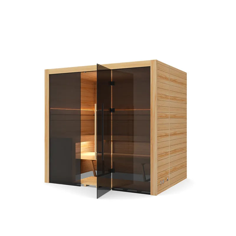 Hekla Traditional 210 Innensauna mit Holzrahmen und dunklen Glaselementen, 210x160 cm für 4 Personen