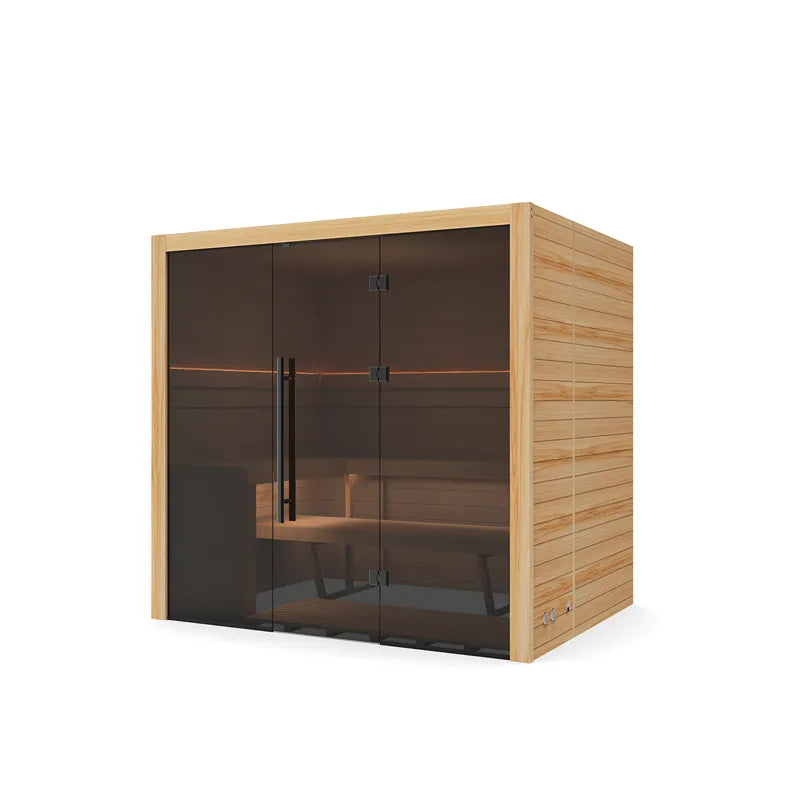 Hekla Traditional 210 Innensauna mit Holzrahmen, schwarzen Glastüren und Sitzbank für 4 Personen