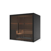 Hekla Traditional 210 Innensauna mit schwarzem Holzrahmen, Glastüren und Holzbank für 4 Personen