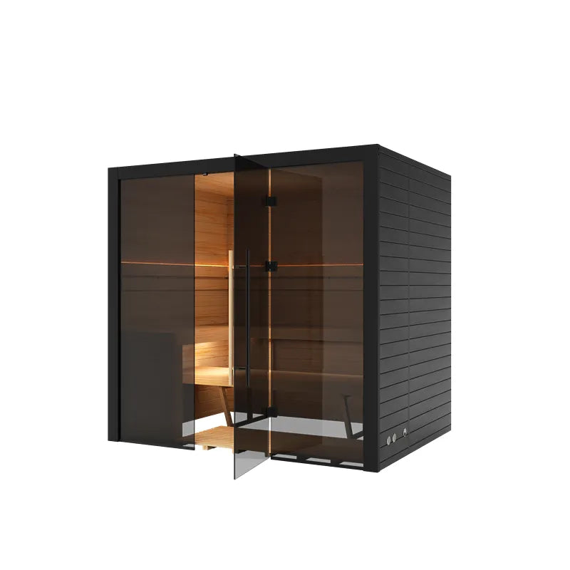 Hekla Traditional 210 Innensauna mit schwarzem Außenrahmen, Glastüren und warmem Holzinterieur für 4 Personen