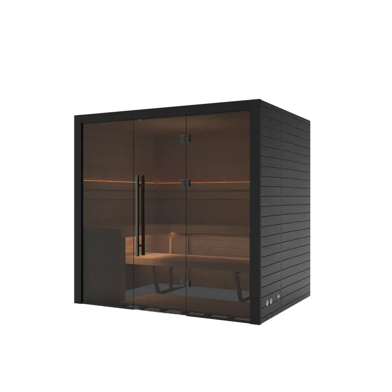 Hekla Traditional 210 Innensauna mit schwarzem Holzrahmen, Glastüren und Holzbank für 4 Personen