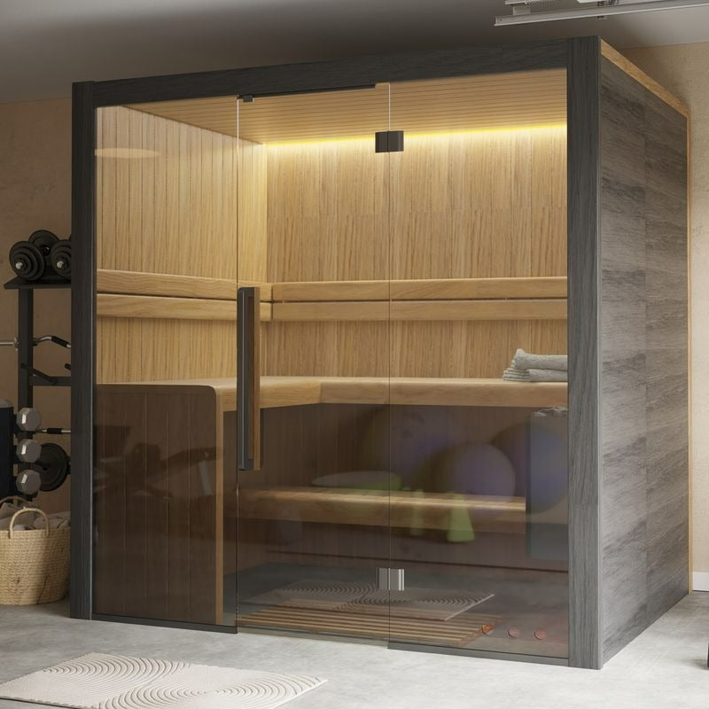 Moderne Sauna EAGO HTH Antikalk 1.0 L mit dunklem Rahmen, hellem Holzinneren, getönter Glastür und integrierter LED-Beleuchtung im Wohnbereich