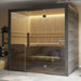Hekla Traditional 210 Sauna – Glasfront, Holzverkleidung und integrierte LED-Beleuchtung in Fitnessraum
