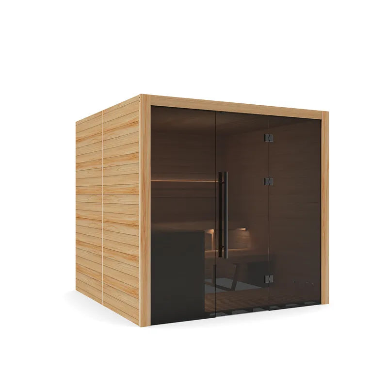 Hekla Traditional 210X Innensauna mit Holzrahmen und dunkler Glasfront, 210x200 cm für 5 Personen