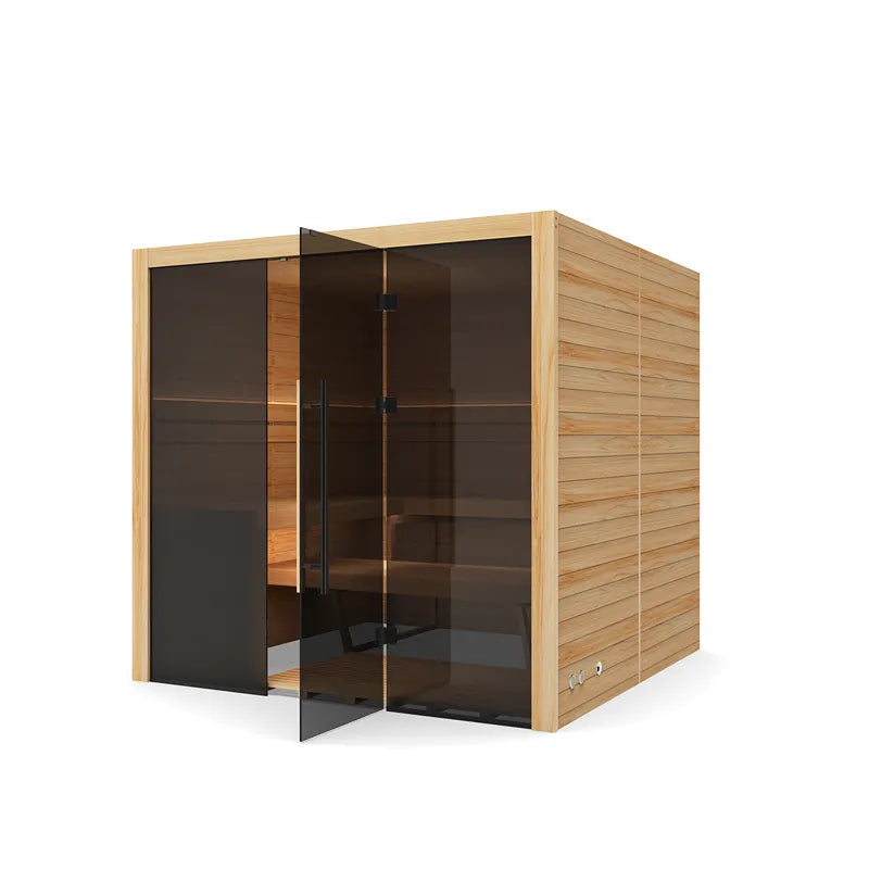 Hekla Traditional 210X Innensauna mit Holzrahmen, schwarzer Glastür und Innenbank für 5 Personen