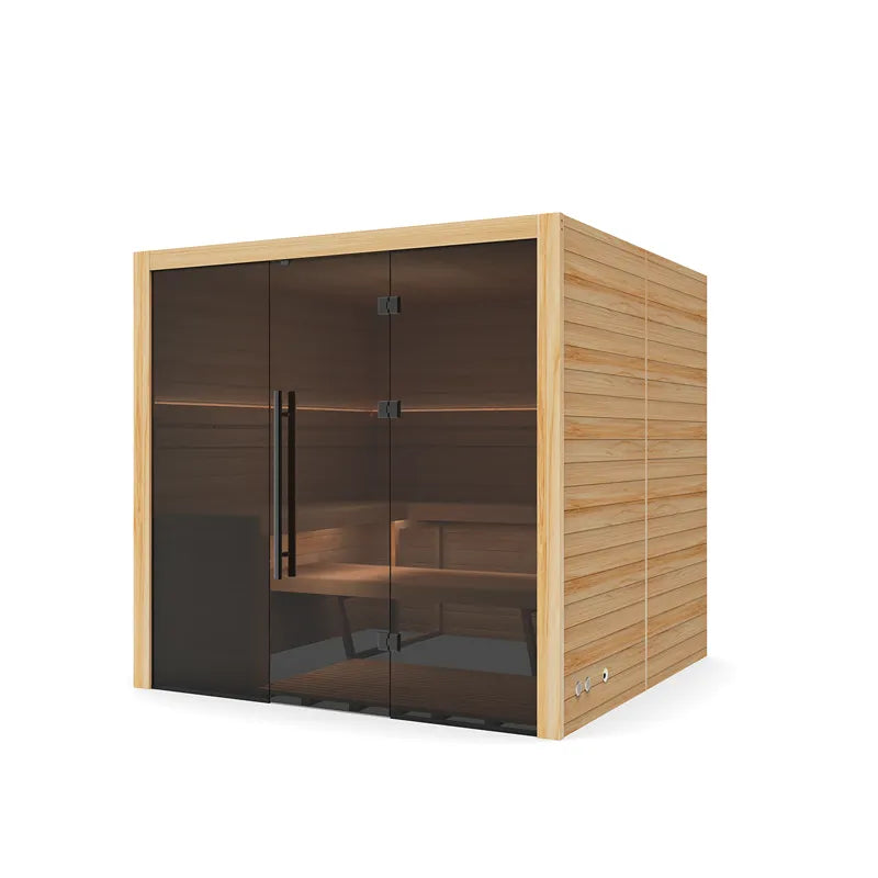 Hekla Traditional 210X Innensauna mit Holzrahmen, dunklen Glastüren und Sitzbank für 5 Personen